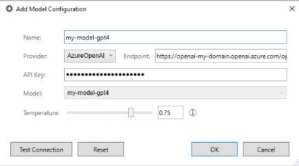 Screenshot of Trados Studio's 'Add Model Configuration' dialog with fields filled in: Name 'my-model-gpt4', Provider 'AzureOpenAI', Endpoint URL, API Key obscured, Model 'my-model-gpt4', and Temperature set to 0.75. 'OK' button is active.