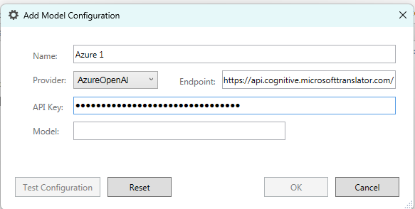 Screenshot of Trados Studio's 'Add Model Configuration' dialog with incomplete fields: Name 'Azure 1', Provider 'AzureOpenAI', Endpoint URL, API Key obscured. Model field is empty and 'OK' button is inactive, indicating an issue.