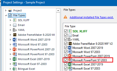 Trados Studio Project Settings showing File Types list with Microsoft PowerPoint 97-2003 checkbox ticked and a warning icon indicating additional installed File Types exist.