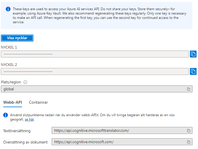 Azure AI services page showing a warning about keeping API keys secure and a recommendation to regenerate keys regularly. Two obscured keys labeled 'NYCKEL 1' and 'NYCKEL 2' are visible.