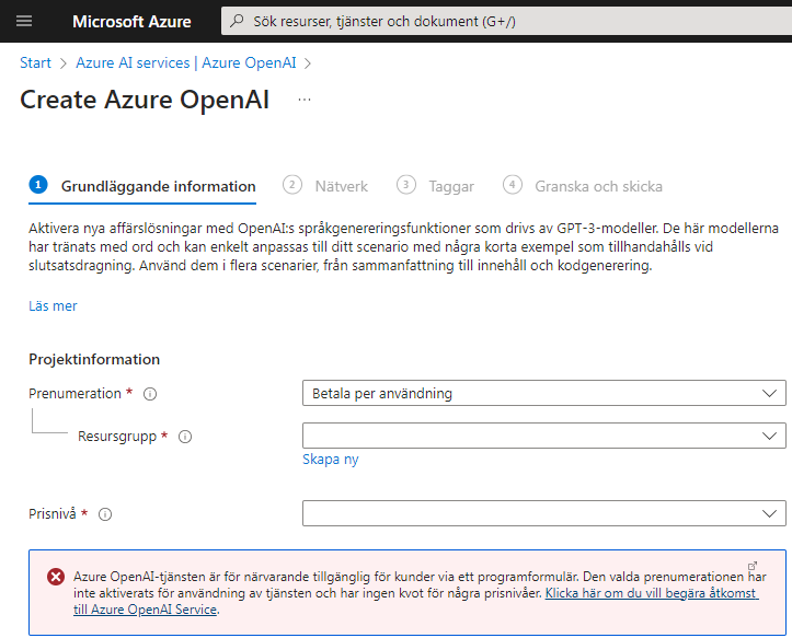 Create Azure OpenAI service page with a notification stating the service is not currently available for the selected subscription and an invitation to apply for access.