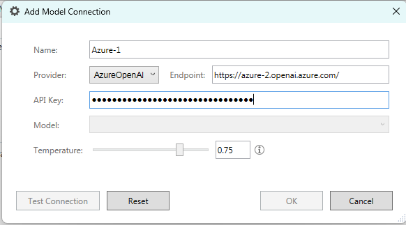 Trados Studio Add Model Connection dialog with fields: Name 'Azure-1', Provider 'AzureOpenAI', Endpoint 'https:azure-2.openai.azure.com', and API Key entered. Model field is empty and OK button is disabled.