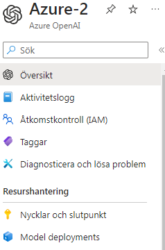 Microsoft Azure page showing Azure OpenAI service with menu options including 'Overview', 'Activity log', 'Access control (IAM)', 'Tags', 'Diagnose and solve problems', 'Keys and Endpoint', and 'Model deployments'.