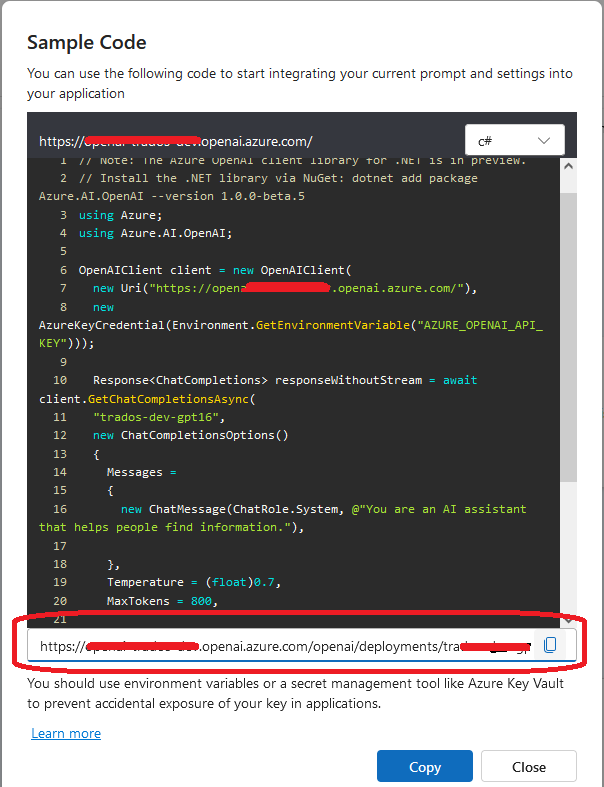 Screenshot of Sample Code section with C# code example for integrating prompts into an application. Endpoint URL is highlighted at the bottom with a warning about securing API keys.