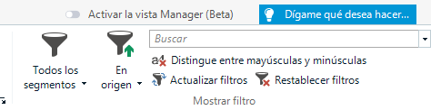 Trados Studio screenshot showing the Review Tab without the 'Display filter' dropdown and 'Custom filter'. Visible options include 'Todos los segmentos', 'En origen', 'Buscar', 'Distingue entre mayusculas y minusculas', 'Actualizar filtros', and 'Restablecer filtros'.