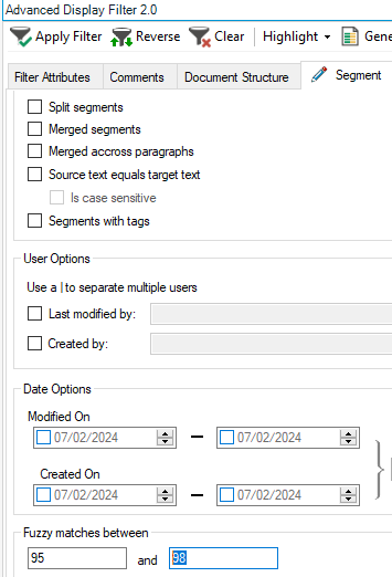 Screenshot of Trados Studio's Advanced Display Filter 2.0 with options for filtering segments by attributes, comments, and document structure. The Fuzzy matches between field is set to 95 and 98.