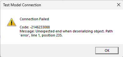 Trados Studio 'Test Model Connection' error dialog box showing 'Connection Failed', with a warning icon, code -2146233088, and message 'Unexpected end when deserializing object. Path 'error', line 1, position 235.'