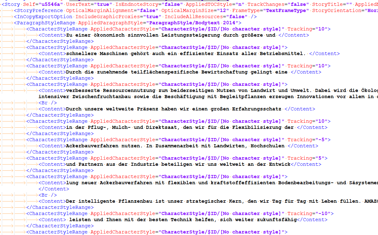 XML view of an IDML file with text elements showing the Tracking attribute within tags, which may be related to the excessive tagging issue in Trados Studio 2022.