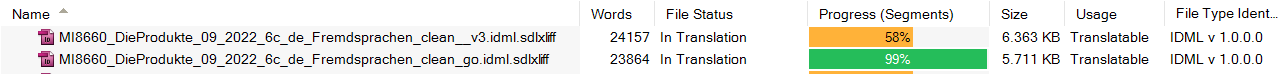Screenshot showing two Trados Studio files with different pretranslation progress, one at 58% and the other at 99%.