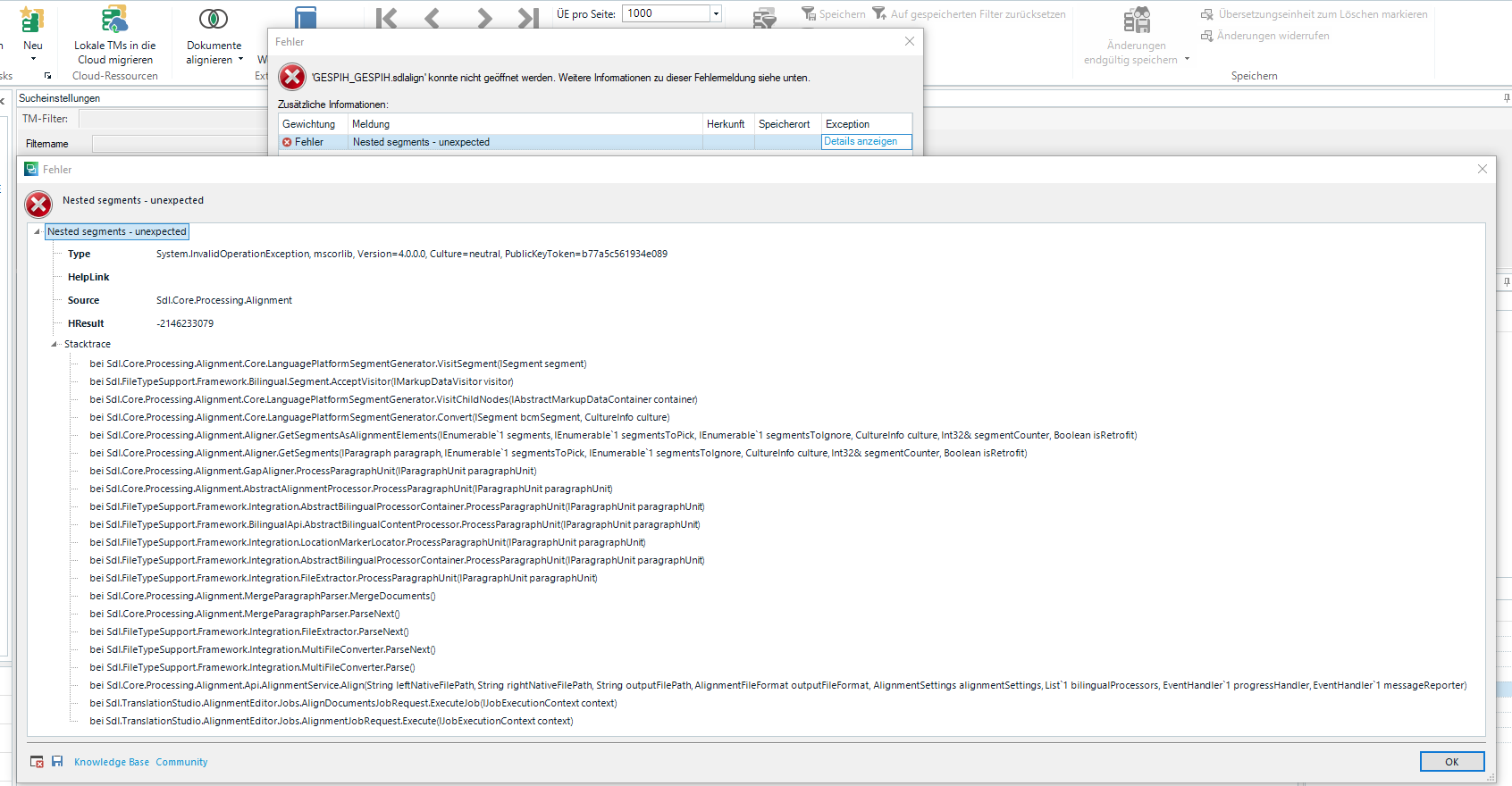 Trados Studio error message displaying 'Nested segments - unexpected' with a detailed stack trace of the error.