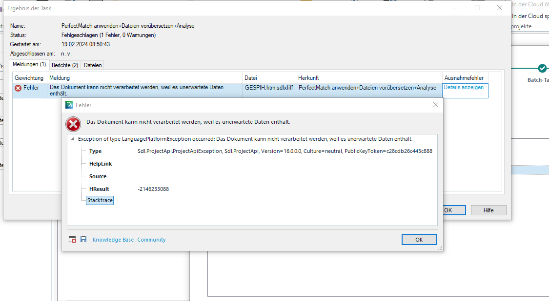 Trados Studio task failure notification stating 'The document cannot be processed because it contains unexpected data' with an exception type LanguagePlatformException.
