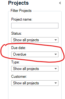 Trados Studio filter projects menu with 'Due date' filter set to 'Overdue' highlighted in red.