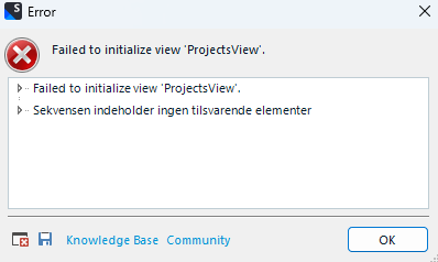 Error message in Trados Studio stating 'Failed to initialize view 'ProjectsView' with a red cross icon.