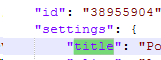 Zoomed-in view of JSON code showing a 'title' setting within the 'elements' array.