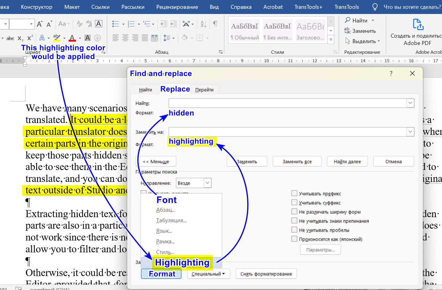 Screenshot of a Word document with instructions on replacing hidden text with highlighting. The 'Find and replace' dialog box is open with 'hidden' selected in 'Find what' and 'highlighting' in 'Replace with'. Arrows indicate the process to apply these attributes.