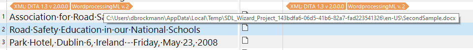 Tooltip in Trados Studio displaying the file path 'C:UsersdbrockmannAppDataLocalTempSDL_Wizard_Project_143bfa6-06d5-41b6-82a7-faad223541326en-US'SecondSample.docx' when hovering over an orange tag.