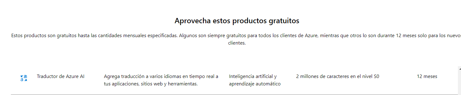 Screenshot showing a section titled 'Aprovecha estos productos gratuitos' with a list of free products including 'Traductor de Azure AI' with a description in Spanish.