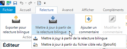 Trados Studio screenshot showing the 'Relecture' ribbon with the dropdown menu under 'Mettre   jour   partir de la relecure bilingue' expanded, displaying the 'Retrofit' option.
