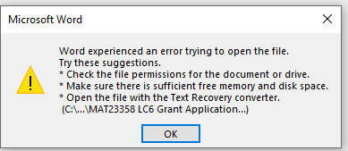 Microsoft Word error dialog box showing a warning icon with a message that Word experienced an error trying to open the file and suggests checking file permissions, ensuring sufficient free memory and disk space.