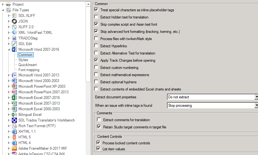 Screenshot of Trados Studio project settings showing a list of options under 'Common' with no 'paragraph formatting' option visible.
