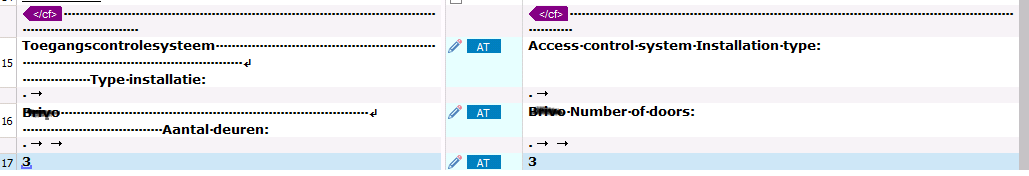 Screenshot of Trados Studio editor showing mismatched formatting between source and target segments for 'Access-control-system' and 'Number-of-doors'. Formatting marks are visible.