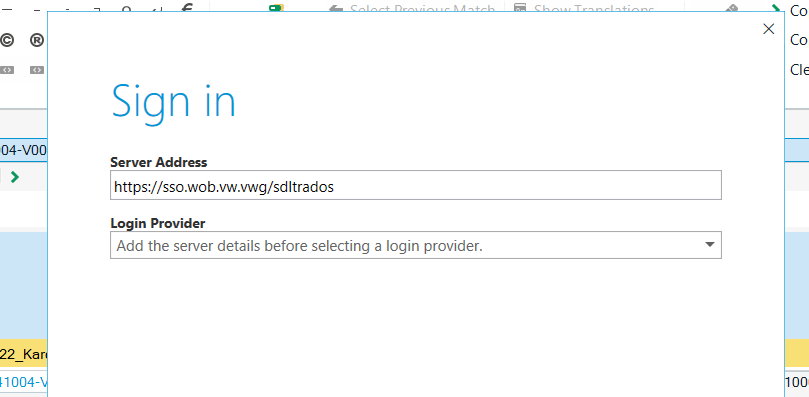 Trados Studio sign-in prompt with fields for Server Address and Login Provider, displaying a message to add server details before selecting a login provider.