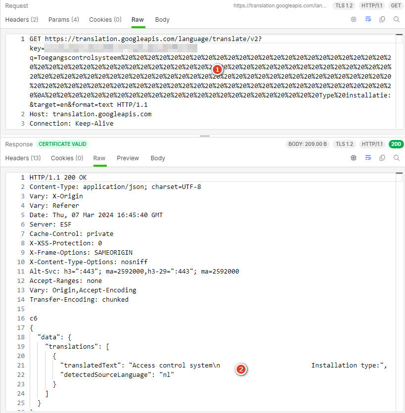 Screenshot of Fiddler's Raw mode displaying a request sent to Google Translate API with spaces (%20) and newline character (%0A) included.