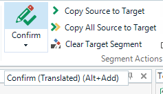 Trados Studio interface showing the Confirm button in the ribbon with a tooltip displaying 'Confirm (Translated) (Alt+Add)' when hovered over.