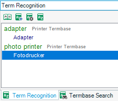 Trados Studio Term Recognition tab showing 'adapter' and 'photo printer' with their translations in the Printer Termbase.