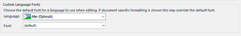 Trados Studio Custom Language Fonts settings showing 'Language: Afar (Djibouti)' selected with 'Font: (default)' dropdown.
