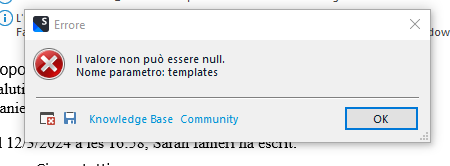 Error message in Trados Studio stating 'The value cannot be null. Parameter name: templates'.