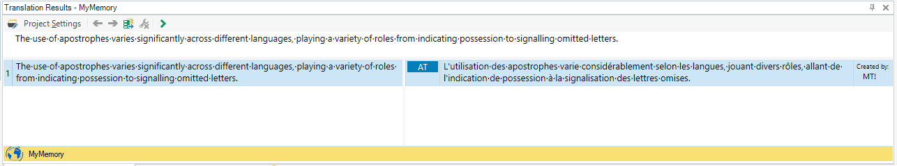 Screenshot of Trados Studio showing Translation Results with MyMemory plugin. Text in English and French is displayed with no visible errors or warnings.