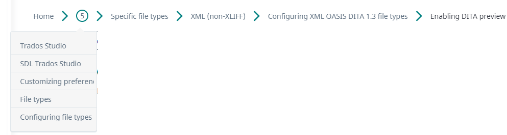 Trados Studio navigation breadcrumb showing path to 'Configuring XML OASIS DITA 1.3 file types' without 'Enabling DITA preview' section.
