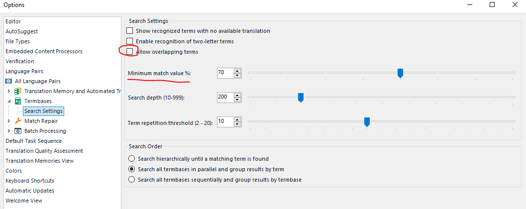 Trados Studio options menu with Verification selected, showing Search Settings. 'Allow overlapping terms' is checked. Sliders for 'Minimum match value %', 'Search depth', and 'Term repetition threshold' are visible.