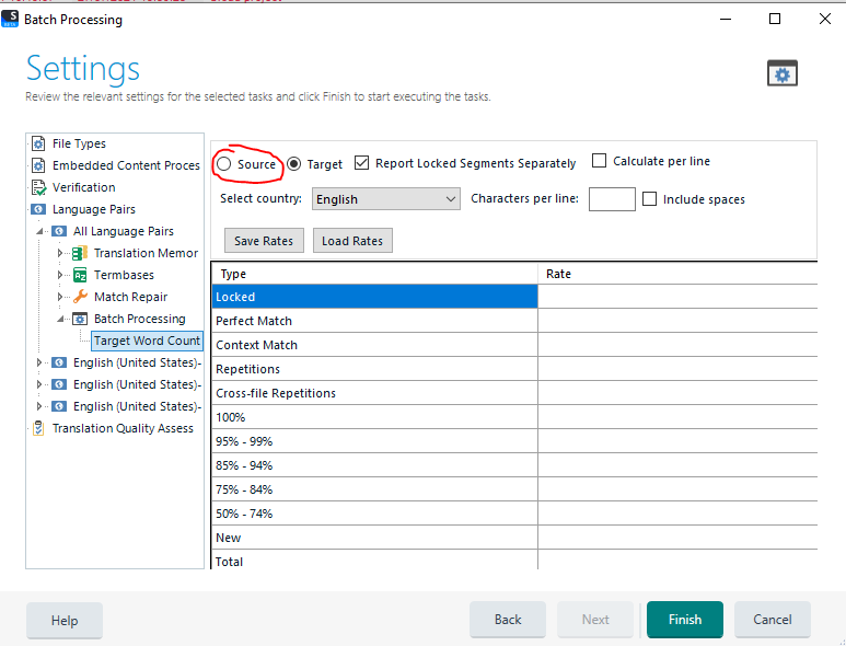 Trados Studio Batch Processing settings window with Source option highlighted and an error icon indicating oversight in supporting the source side.