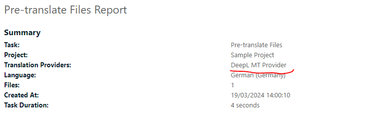 Screenshot of Trados Studio's Pre-translate Files Report with a summary including the task name, project, translation provider as 'DeepL MT Provider', language as 'German (Germany)', and the number of files, creation date, and task duration.