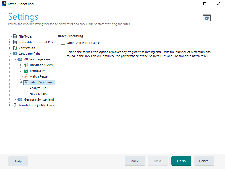 Trados Studio Batch Processing settings window with options for File Types, Embedded Content Processing, Verification, Language Pairs, Translation Memory and Automated Translation, Term bases, Match Repair, Batch Processing with sub-options Analyze Files and Fuzzy Bands, German (Switzerland), and Translation Quality Assessment. The Batch Processing section is highlighted but does not show Target Word Count option.