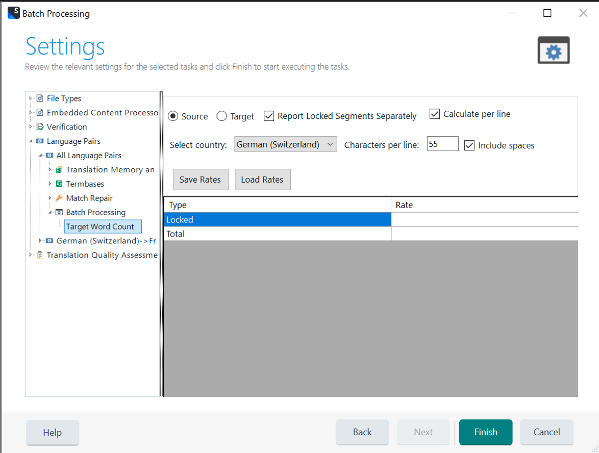 Trados Studio Batch Processing settings window showing options for Source, Target, and Report Locked Segments Separately with 'Include spaces' checked.