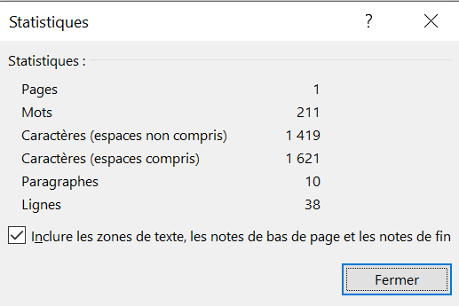 Word document statistics window showing a total of 1621 characters with spaces included for the text in the document.