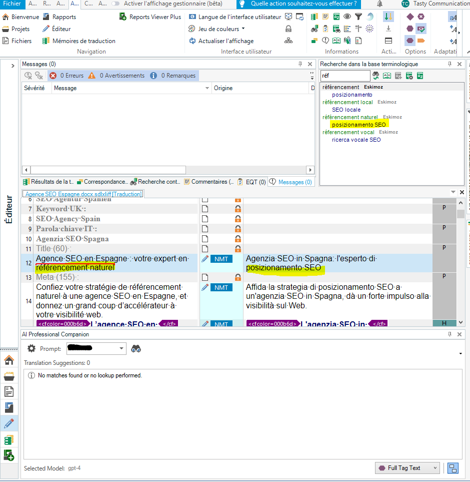 Trados Studio interface showing a document in sdlxliff format with source and target language columns. The target column is empty despite using the Pre-translate function.