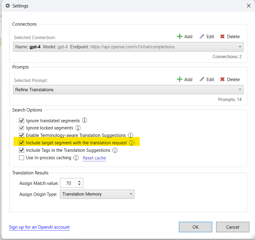 Settings dialog in Trados Studio with options for AI Professional including 'Enable Terminology-aware Translation Suggestions' and 'Include target segment with the translation request' checked.