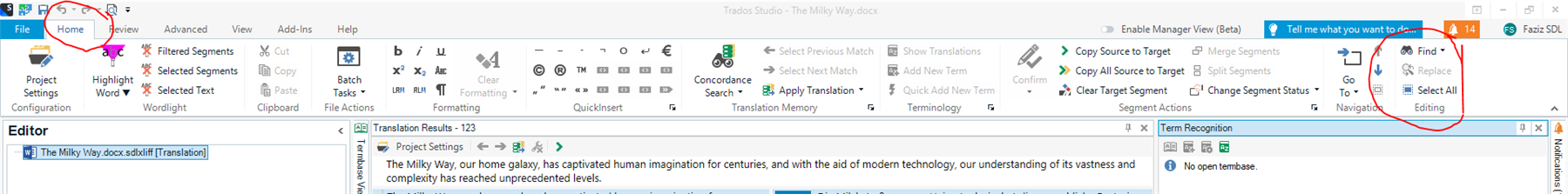 Trados Studio interface showing the Home tab with the Find and Replace feature highlighted at the end of the menu.