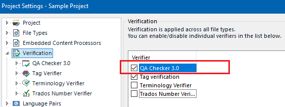 Project Settings in Trados Studio with QA Checker 3.0 ticked under the Verification tab.