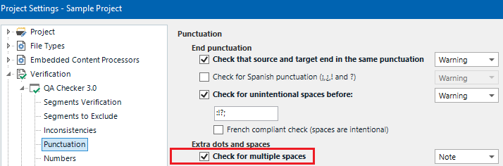 Trados Studio Project Settings showing 'Check for multiple spaces' option ticked under Punctuation in QA Checker 3.0.