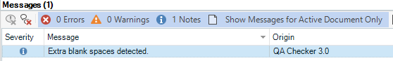 Trados Studio message window showing 1 note with the message 'Extra blank spaces detected' from QA Checker 3.0.