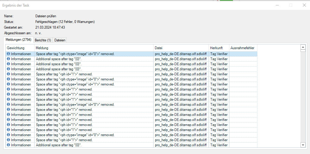 Screenshot of Trados Studio's 'Verify files' report showing 2794 messages with 12 critical errors, including repeated messages about space after tags being removed.