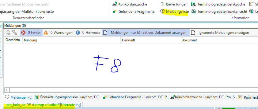 Screenshot of Trados Studio's editor with the notifications list open, showing no errors or warnings, and a handwritten 'F8' indicating the function key pressed.