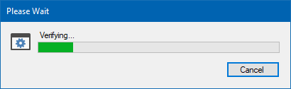 Trados Studio dialog box showing a progress bar with the text 'Verifying...' and a 'Cancel' button to the right.