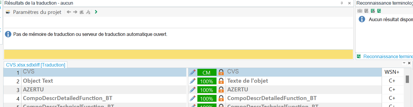 Trados Studio interface showing a warning message 'No translation memory or automatic translation server open.' with a CSV document translation in progress.