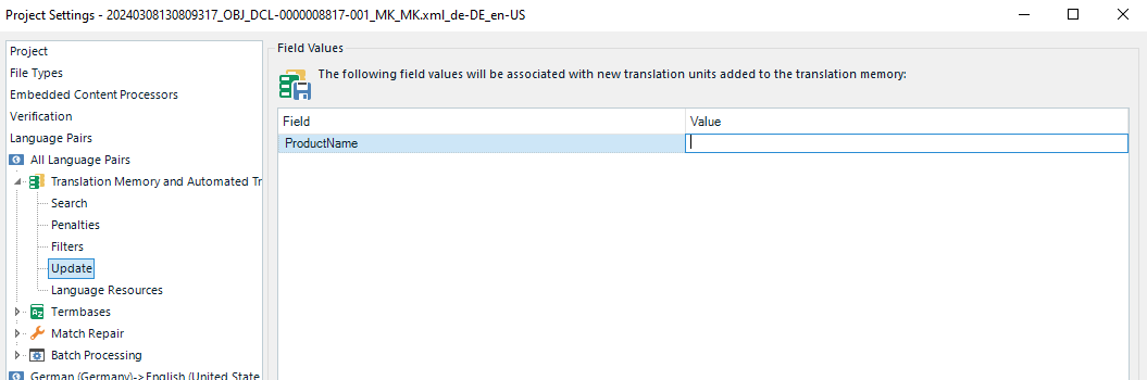 Trados Studio Project Settings window showing Translation Memory and Automated Translation settings with an Update option selected. A Field Values section displays a field named 'ProductName' with an empty value column.